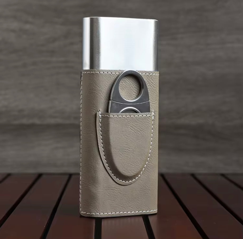 Stainless and Leather Cigar Case with Cigar Cutter